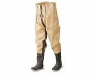 Canvas waders are durable and very inexpensive. Yet will be heavy and won't breath.