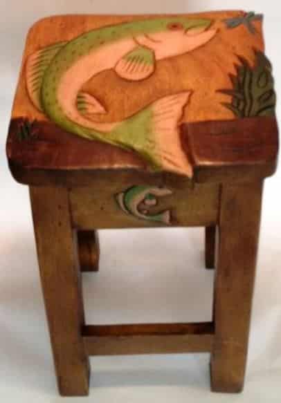 Hand carved trout stool for home and cabin decor