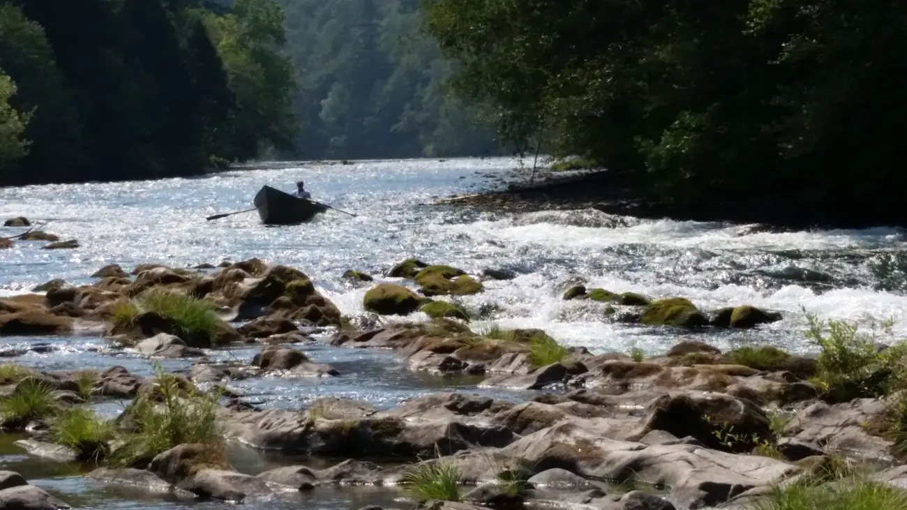 A drift boat floating on the Mkenzie river in Western Oregon