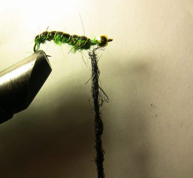 Adding the final dubbing to the green caddis larva