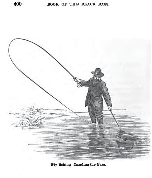 Fly Fishing - Landing the Bass from Book of the Black Bass, James A. Henshall M.D., 1881, fly fishing history, who invented fly fishing, when fly fishing was invented