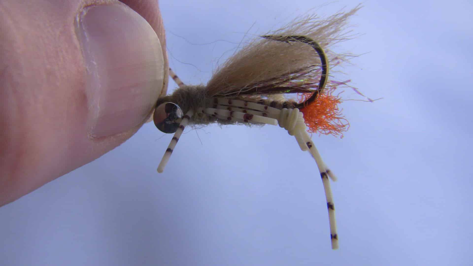 Tan colored weighted grasshopper fly pattern.
