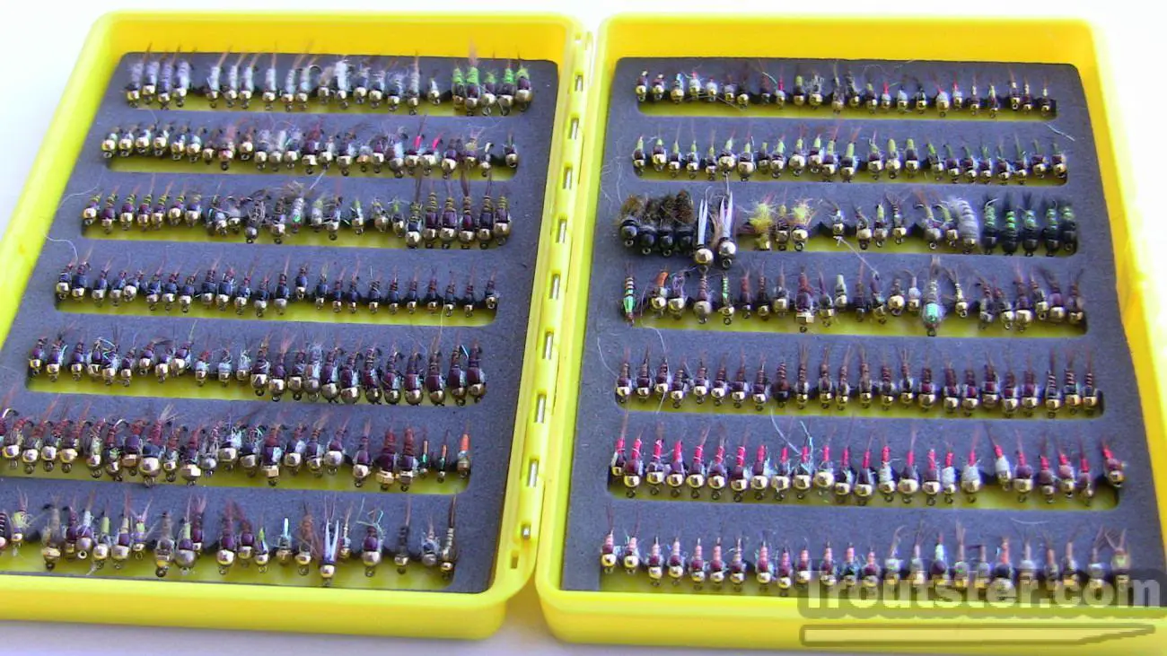 Super slender fly box is good for all fly types. As you can see this box is filled with hundreds of nymphs. 