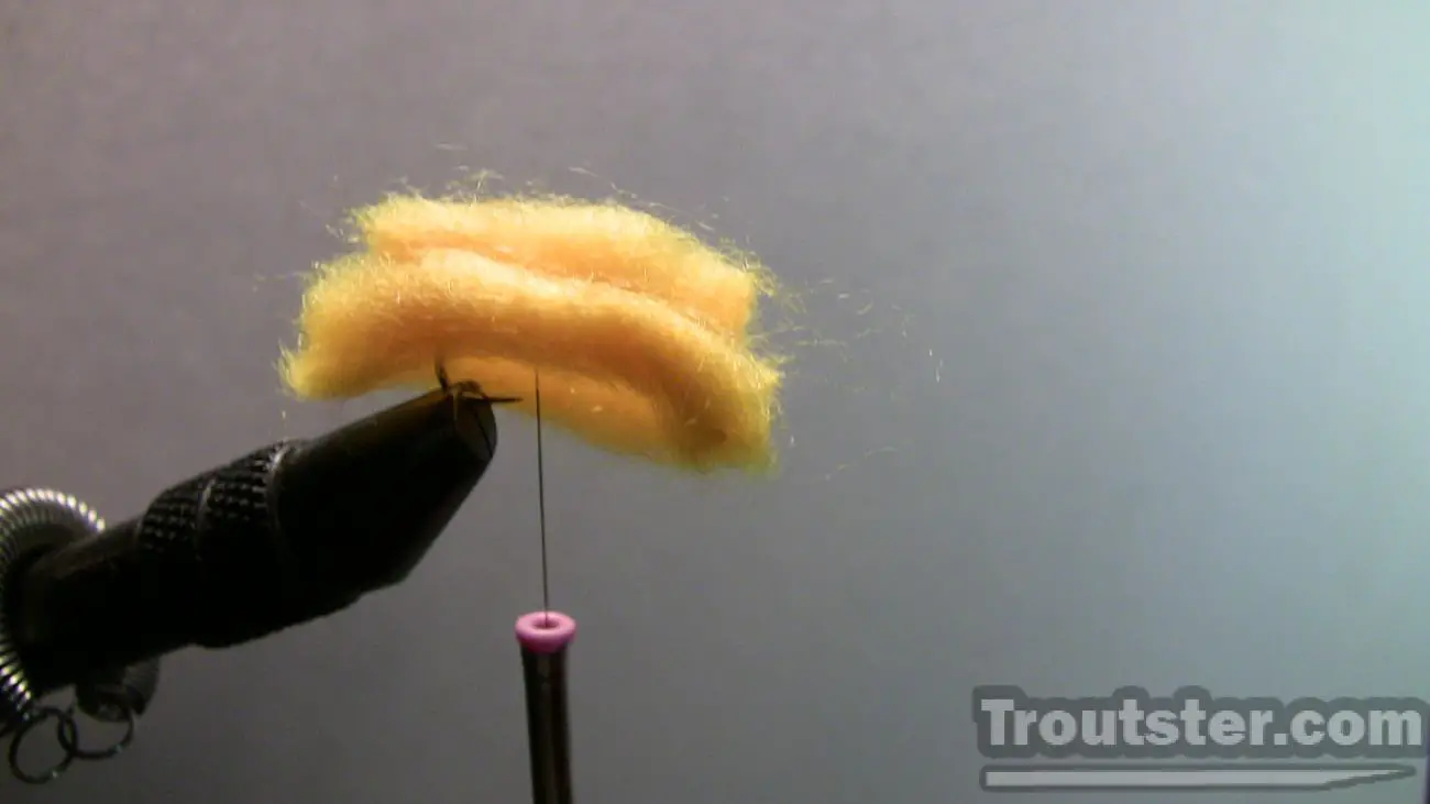 Step #2 for tying an egg fly pattern with yarn,  egg fly patterns