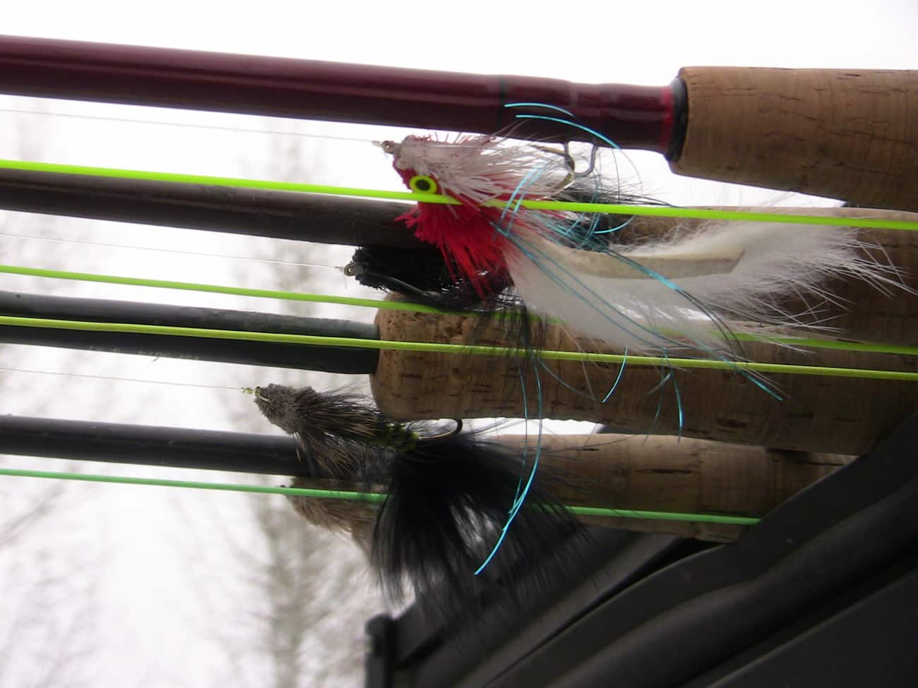 Fishing streamers rigged up for spring trout. 