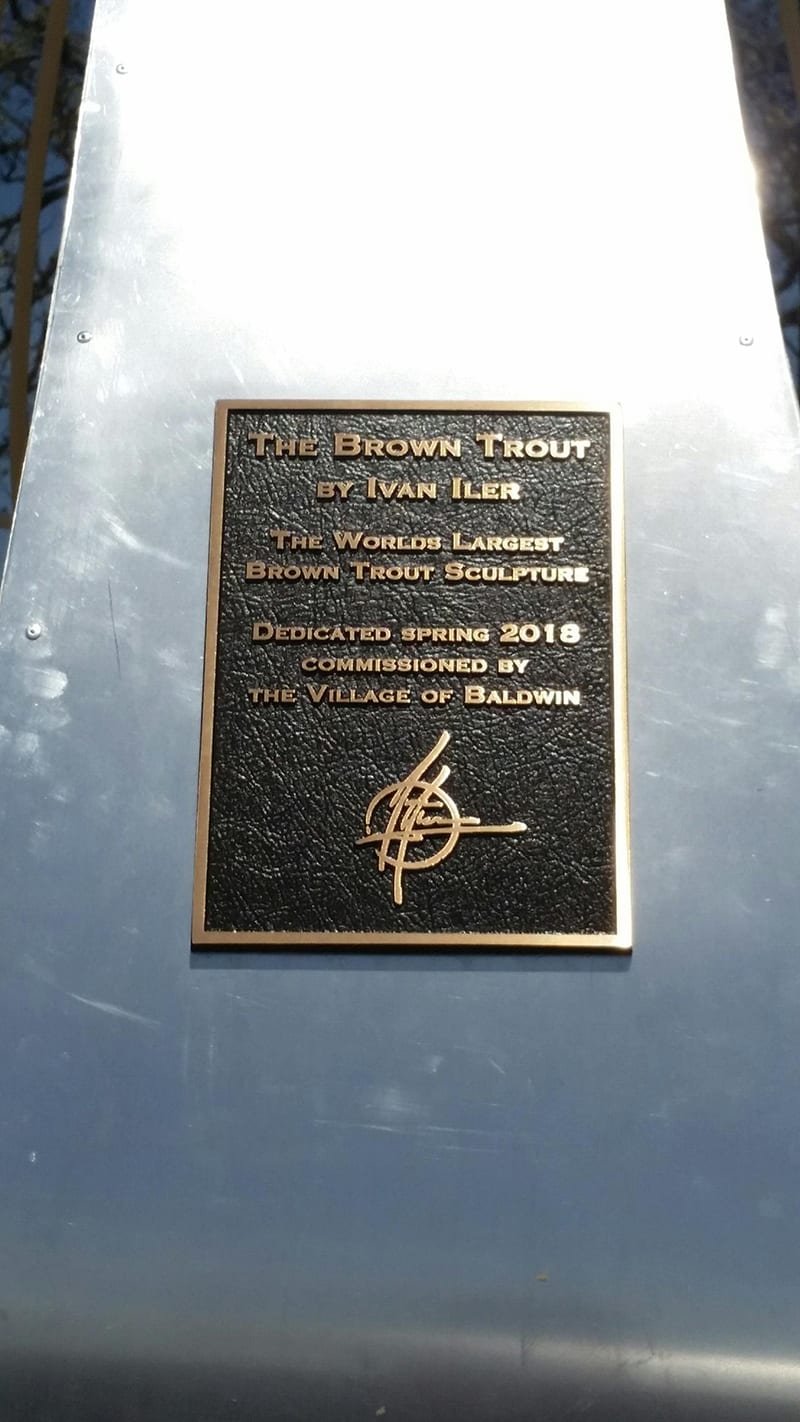 The Plaque on the base of Ivan Iler's Brown trout sculpture
